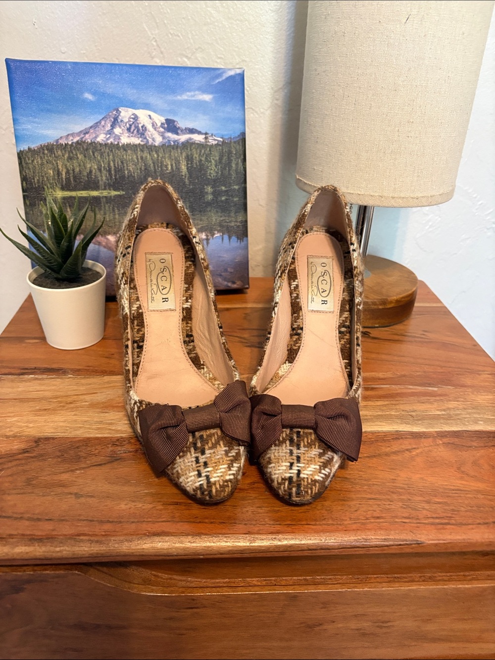 Oscar de la Renta Brown Plaid Bow Women's Pumps